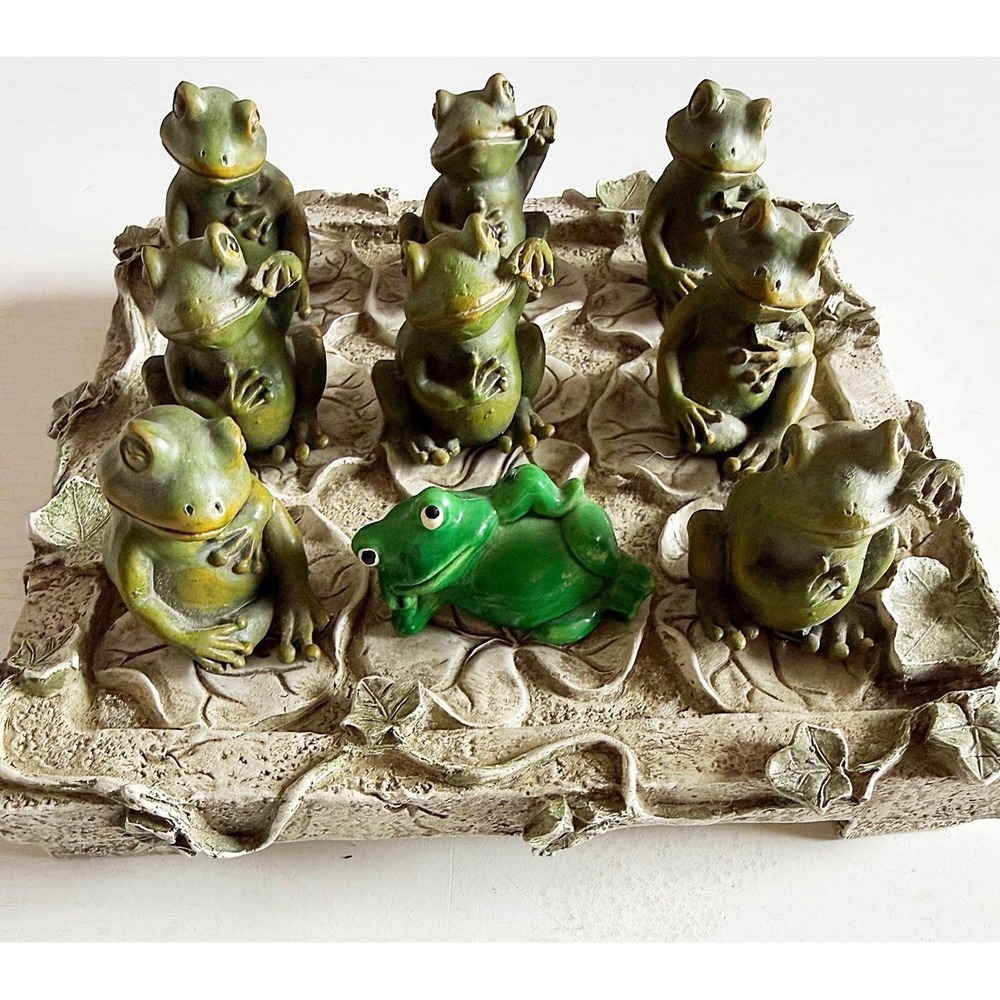 Frogs Set Of 9 On A Lilly Pad. Resin.